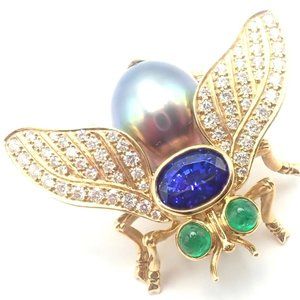 Tiffany & Co 18k Gold Diamond Tahitian Pearl Tanzanite Emerald Fly Pin Brooch